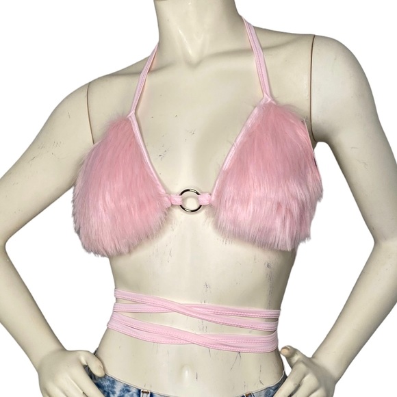 C.BRIDGETT Pink Faux Fur Triangle Criss Cross Festival Halter Crop Bikini Top, M - Picture 4 of 9